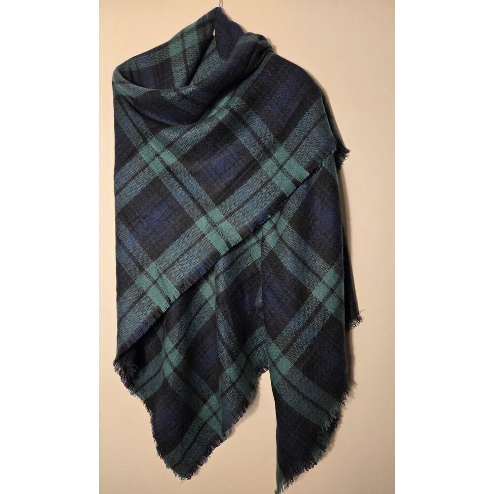 Soft Navy & Green Plaid Blanket Scarf 55 Inch Square Frayed Hem Lightweight